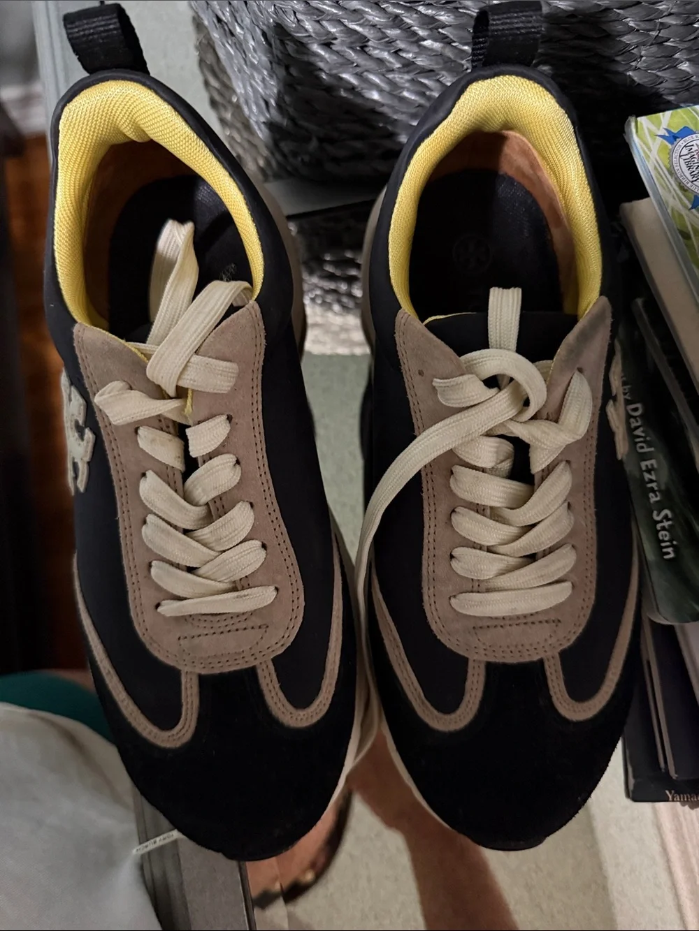Tory Burch Black and Beige Chunky Platform Sneaker with Yellow Lining